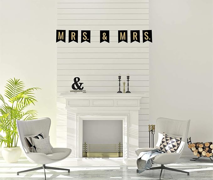 Andaz Press Faux Gold Glitter on Black Lesbian Wedding Party Banner Decorations, Mrs. & Mrs., Approx 5-Feet, 1-Set, Colored Hanging Pennant Decor