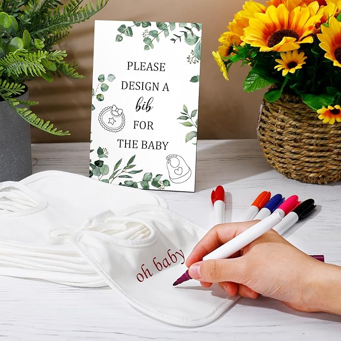 Panitay 43 Pcs Baby Shower Games White Bibs Design, Include Wooden Baby Shower Game Sign, 30 DIY Blank White Bibs, 12 Markers for Gender Reveal Party Decorating Supplies(Greenery)