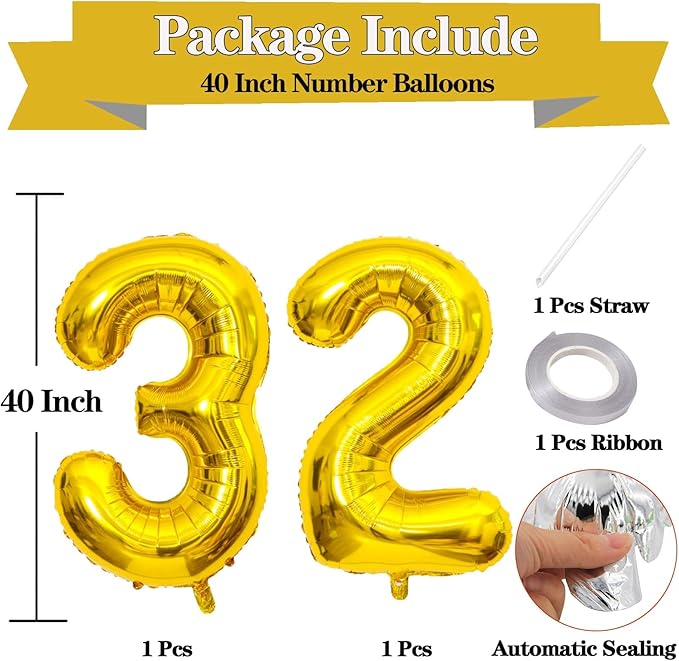 Giant Gold Number 32 Balloons, 40 Inch Jumbo Number 32, Large Foil Mylar Balloons for Girls Women 32th Birthday Party Decorations, 32 Anniversary Events Decorations