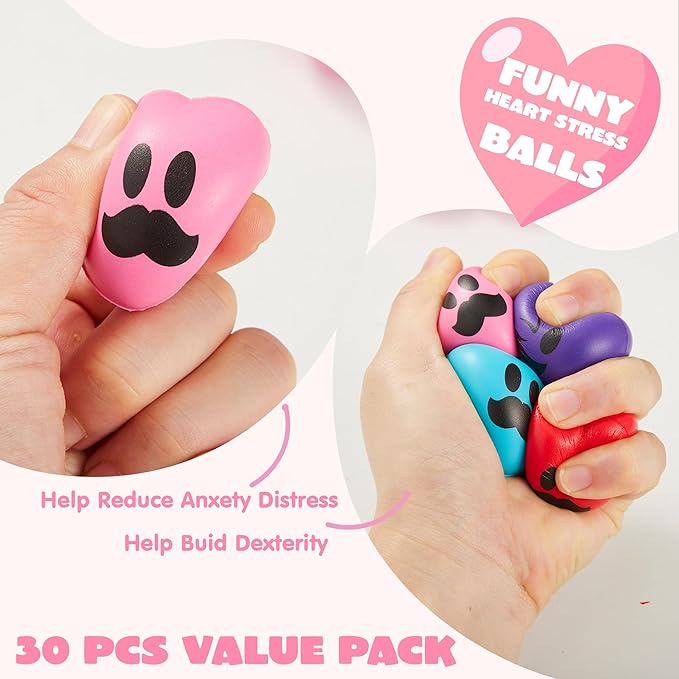 JOYIN 30 Pcs Valentine's Day Heart Shape Stress Ball, Valentines 1.5 inch Heart Ball Squishy Toy Exchange Gift for Kids, Stress Relief Party Favors, Holiday Reward Prizes