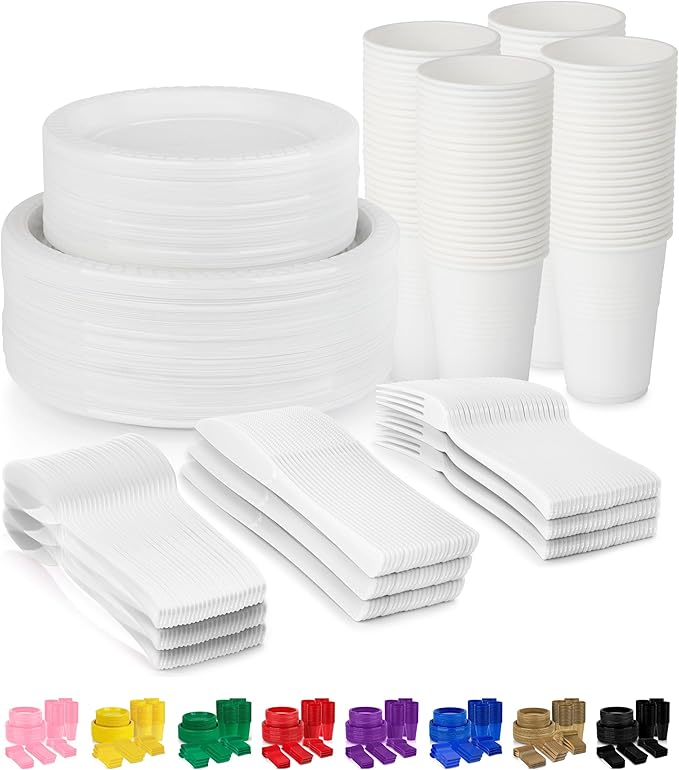 Grandipity 720 Piece White Disposable Dinnerware Set, Plastic Dinnerware Set Includes 120 Count 9' Dinner Plates, 7' Dessert Plates, 12oz Cups, Forks, Knives & Spoons