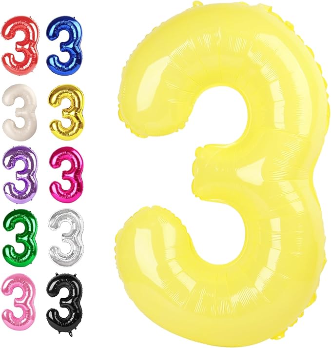 Large 40 Inch Yellow 3 Number Balloon, 3 13 23 30 33 36 38 Yellow Birthday Party Decorations, Numbers Three Foil Balloons for Anniversary Party Graduations Celebration Supplies
