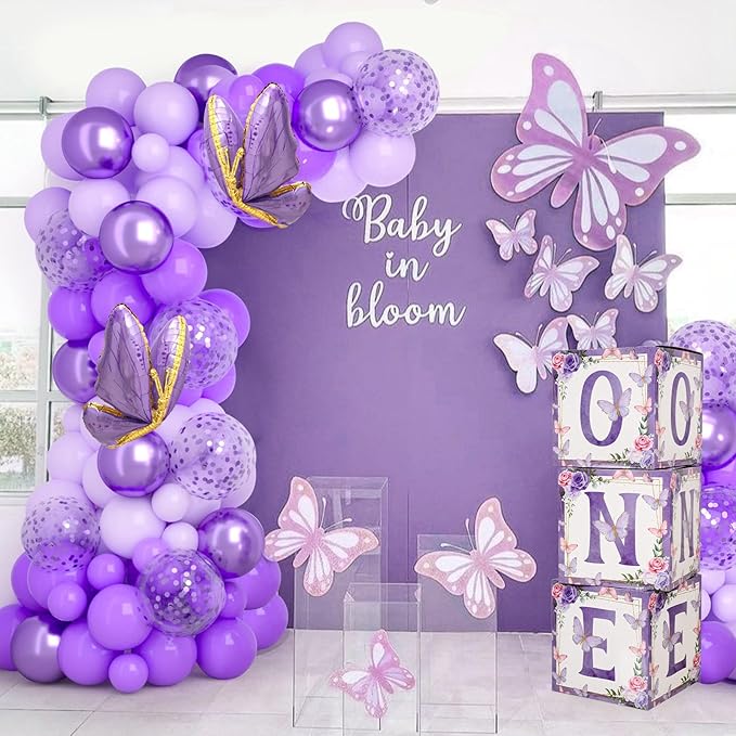Butterfly First Birthday Decorations for Girl, Purple Butterfly Themed 1st Birthday Party Balloon Arch Kit with Backdrop Boxes Foil Balloons Wall Decor, Princess Bday Party Supplies