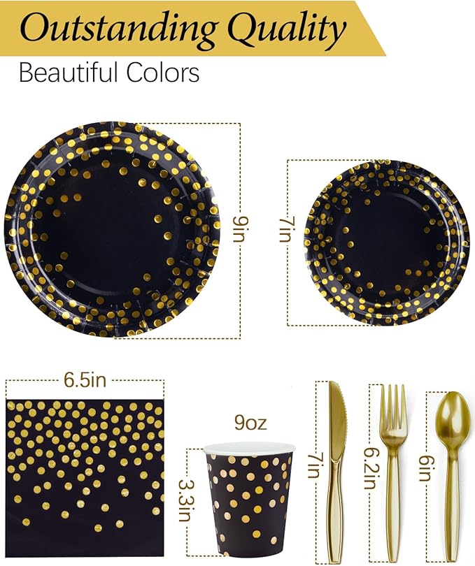 224 Pieces Party Supplies, Black and Gold Party Plates Cups and Napkins Sets with Plastic Knives forks spoons, Disposable Tableware Serves 32 Sets for Wedding, Birthday, Graduation, Festivals