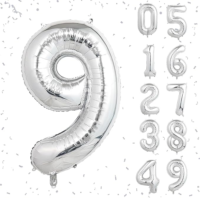 16 In Silver Large Numbers Balloons 0-9, Self Inflating Number 9 Balloons for Boys Girls, Big Silver Digit 9 Balloons for Women Men Birthday Party Anniversary Wedding Supplies Decorations