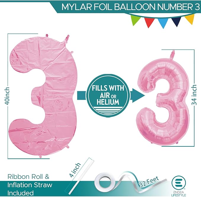 40 Inch Large Pink Number Celebration and Decoration Balloon for Birthday Parties, Graduations, Anniversaries, Weddings, Photo Shoots, Special Events - Helium Foil Mylar (Pink Number 3)
