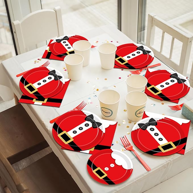 96 Pcs Santa Christmas Paper Plates Santa Claus Suit Disposable Party Plates Napkins Set Merry Christmas Holiday Dinnerware Party Decoration Supplies, Serves 24