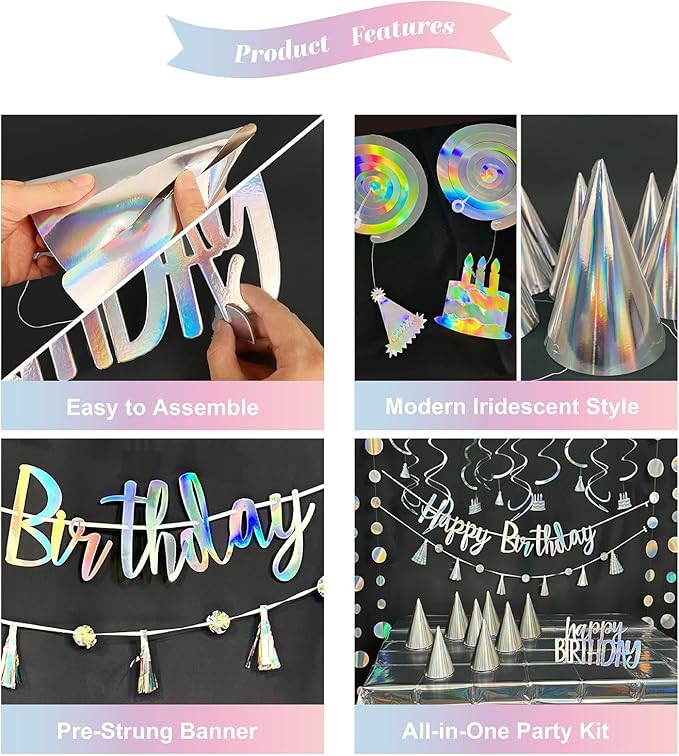 28-Piece Iridescent Birthday Party Decoration Kit – Happy Birthday Banner, Hanging Swirls, Garlands, Table Centerpiece, Tablecloth & Cone Hats for a Shimmering, Photo-Ready Celebration
