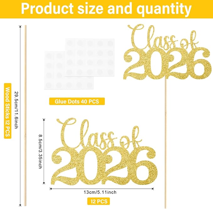 Graduation Decorations Class of 2026, 12 PCS Gold Double-Sided Graduation Centerpieces for Tables, Glitter Table Toppers, Grad Party Decorations