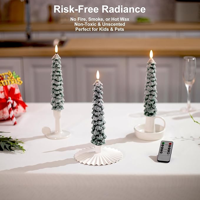 4 PCS Flameless Christmas Tree Candles with Remote, Snow Covered Real Wax Flameless Taper Candles 9.65 Inch, LED Candlesticks Battery Operated with 3D Flickering Flame, Christmas Candles Decor