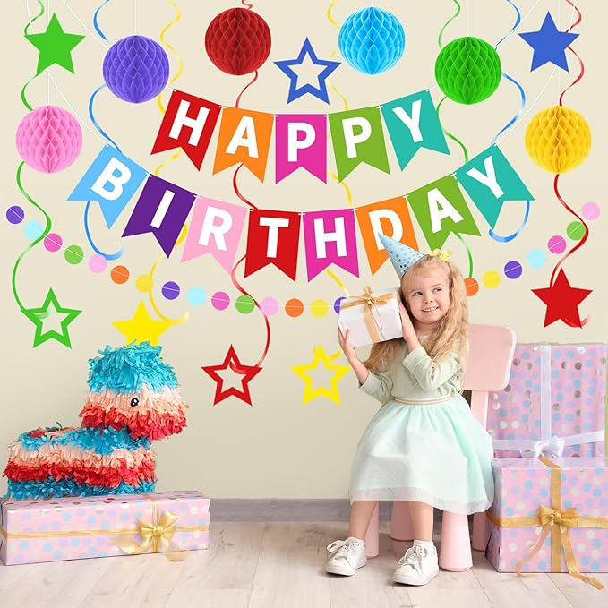 Happy Birthday Banner, Rainbow Birthday Decorations Set with 6 Honeycomb Balls, 8 Star Hanging Swirl Streamers, Circle Dots Garland Perfect for Women, Men, Boys, Girls