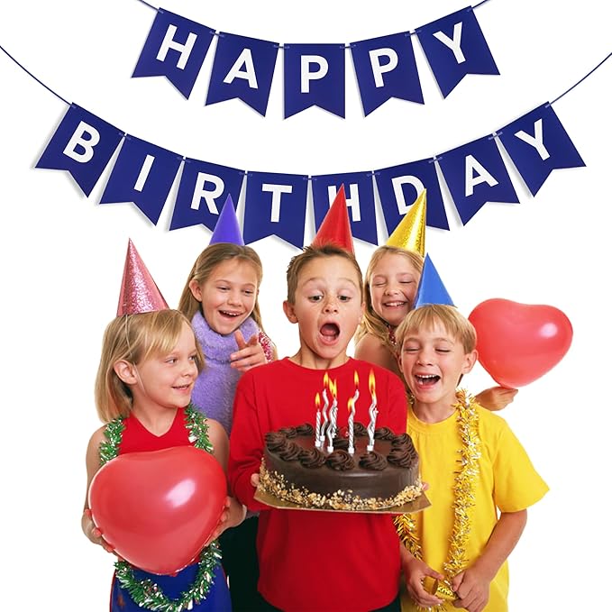 Blue Happy Birthday Banner - Navy Blue Hanging Backdrop Sign with White Letters, Happy Birthday Sign Bunting Decorations for Women men Kids Baby Shower Party Supplies (13pcs)