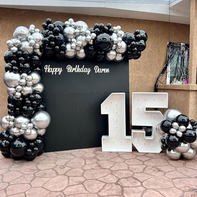 Black and Silver Balloons Garland Arch Kit 144pcs 18/12/10/5inch Black and Metallic Silver Latex Balloons for Birthday Graduation Wedding Retirement Anniversary Baby Shower New Years Party Decorations
