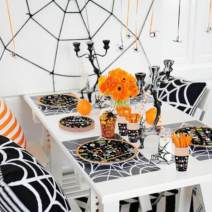 175 Pcs Halloween Tableware Party Supplies Set - Serves 25, Spooky Happy Halloween Disposable Dinnerware, Includes Plates, Cups, Napkins, Forks, Spoons, Knives for Trick or Treat Favors