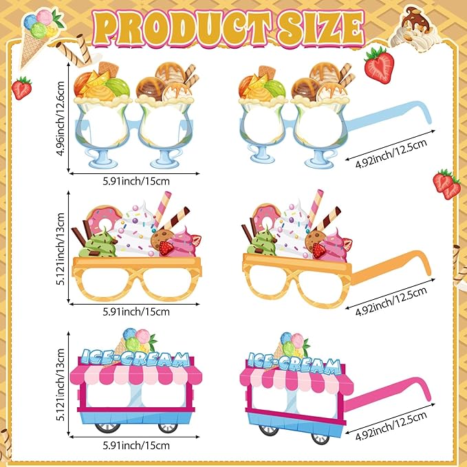 Pajean 32 Pcs Ice Cream Party Decorations Eyeglasses Ice Cream Themed Paper Glasses Summer Creams Photo Booth Props Frame 67 Birthday Decor for Sweet Summer 6 7 Birthday Party Baby Shower Supplies