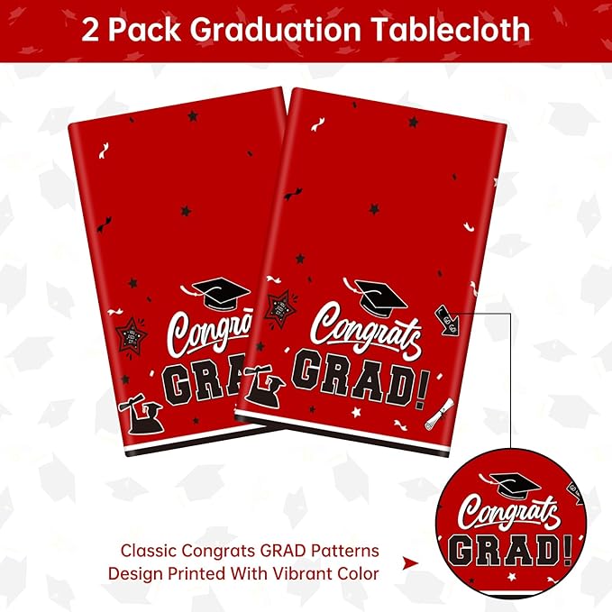 2 Pack Graduation Tablecloth - Congrats Grad Table Cloths, Plastic Disposable Rectangle Red Class of 2026 Table Cover for Graduation Tables Decorations Party Decor Supplies Favors,108 x 54 Inch