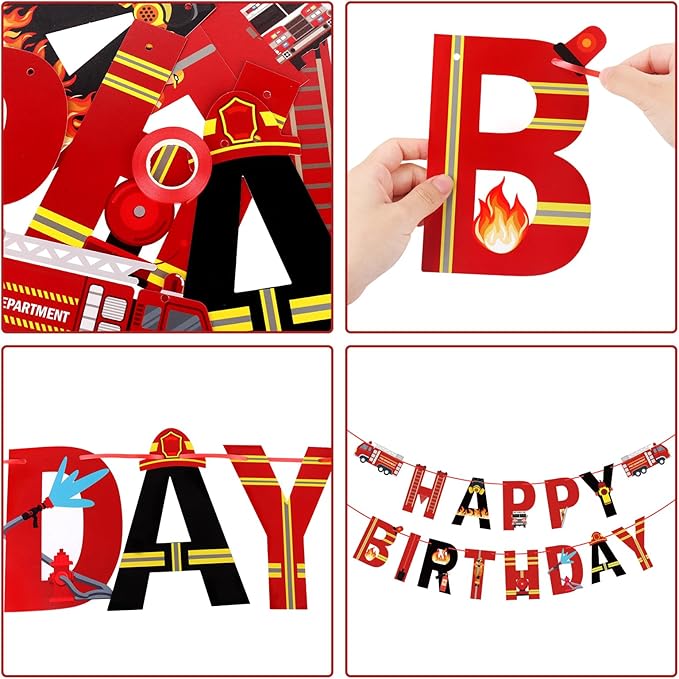 Fire Truck Happy Birthday Banner Sign, Fire Engine Rescue Birthday Bunting Banner Flag Garland for Kids Boys Fire Truck Party Carnival Party Decorations Supplies