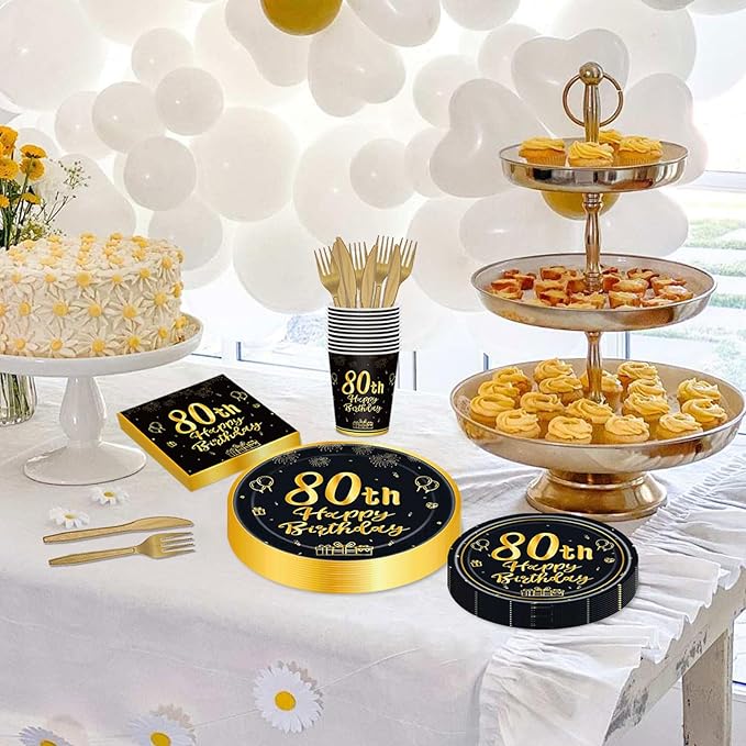 144PCS 80th Birthday Plates and Napkins Birthday Party Supplies 80th Birthday Party Decorations for Men Women Disposable Party Tableware Including Paper Plates Napkins Cups Forks Serve 24