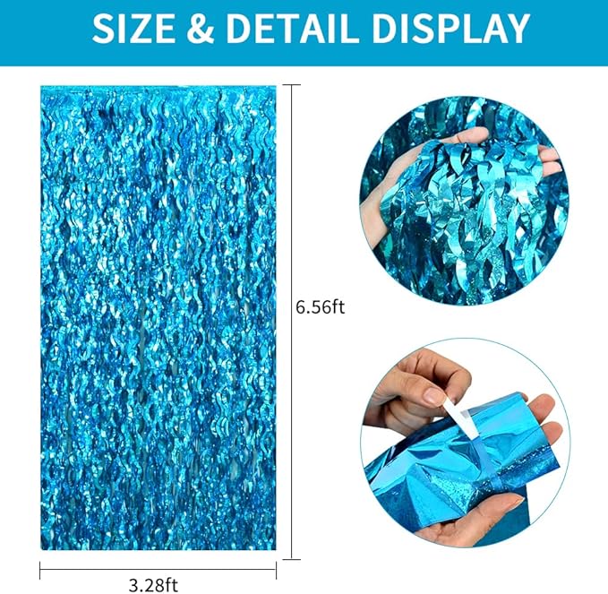 TONIFUL 2Pcs Wavy Metallic Tinsel Foil Fringe Curtains Teal Blue Streamer Backdrop for Photo Booth Props,Party Door Wall Curtains,Bachelorette,Underwater World Birthday Party Decor (6.6ft x 6.6ft)
