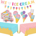 Ice Cream Party Supplies Kit for 24: Ultimate Bundle with Vibrant Paper Plates, Napkins, Cups, Tablecloth & Banner - Ice Cream Birthday Party Decorations