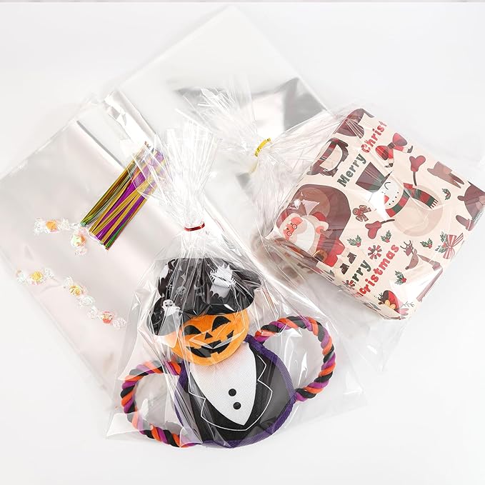 100 Pack Clear Cellophane Treat Bags 11x14 Inches OPP Plastic Gift Goodie Bags for Small business Candy Cookies Bakery Soap Party Favors Gift Wrapping Packaging with Twist Ties