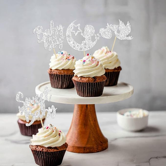24Pcs Baby Shower Boy Cupcake Toppers Silver Glitter Moon Star Sweet Baby Boy Cupcake Picks Decorations for Gender Reveal Baby Shower Kids Boys Birthday Party Supplies