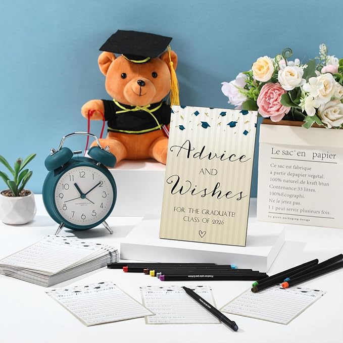 113 Pcs Class of 2026 Graduation Party Favors Include 1 Advice and Wishes Wooden Sign 100 Graduation Advice Cards with 12 Fineliner Ink Pens for The Graduate Class of 2026(Blue)