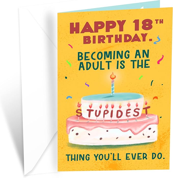 Prime Greetings Funny 18th Birthday Card, Made in America, Eco-Friendly, Thick Card Stock with Premium Envelope 5in x 7.75in, Packaged in Protective Mailer