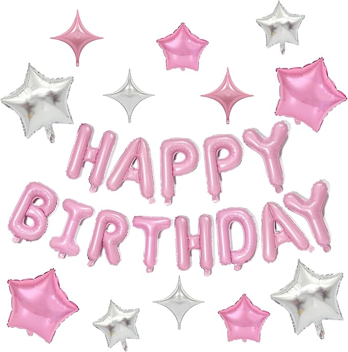 KALOR Pink and Silver Happy Birthday Balloons Kit with 16 Inch Mylar Foil Letters Balloon and Star Balloons for Birthday Party Decorations Photo Booth Backdrop