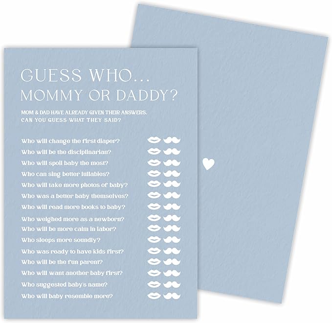 Minimalism Baby Shower Game Kits - Guess Who Mommy Or Daddy - Mist Blue - 30 Fill in Style Game Cards Each Set, Gender Reveal, Baby Announcement, Party Favor & Decor - B03