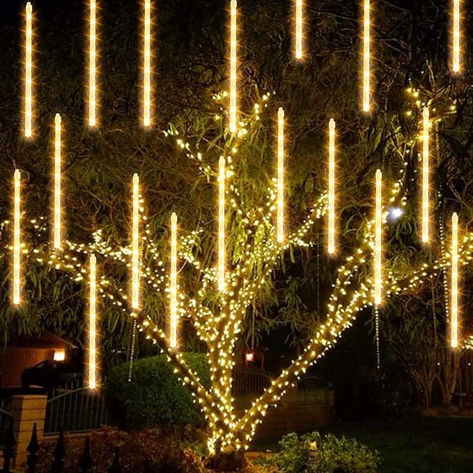 Christmas Meteor Shower Lights Outdoor, 288 LED 12" 8 Tubes Waterproof Christmas Lights Outdoor Plug in, Snow Falling Rain Icicle Xmas Light Decorations, Warm White