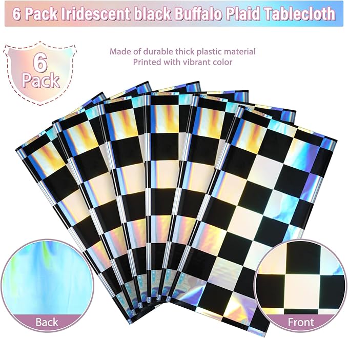 6Pack Black and Iridescent Checkered Plastic Tablecloth, Shiny Disposable Laser Rectangle Table Covers, Holographic Foil Tablecloth Iridescent Party Decorations for Picnic Camping Race Car, 54x108Inch