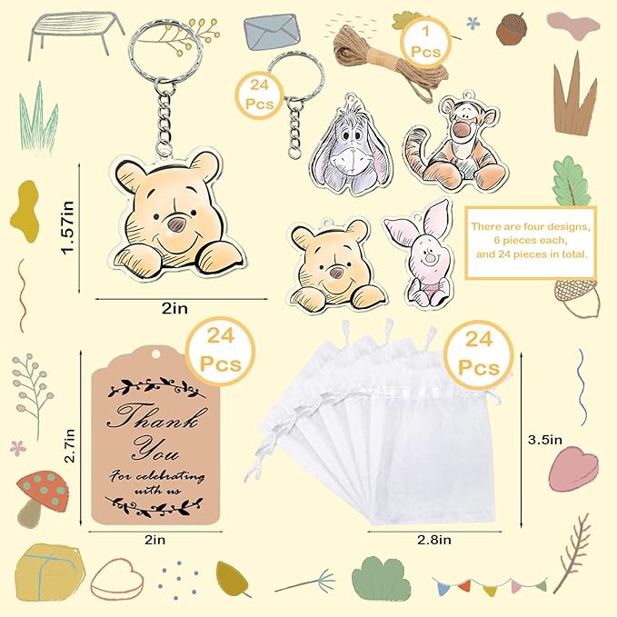 72pcs Winnie Baby Shower Decorations, Thank You Winnie Keychain for Party, 24 Acrylic Keychains, 24 Tags, 24 Gift Bags for Winnie Themed Party