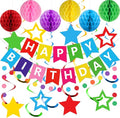 meowtastic Birthday Decorations, Happy Birthday Banner with Honeycomb Balls, Stars Hanging Swirls Streamers, Circle Dots Garland, Happy Birthday Party Decorations for Women Men Boys Girls (Rainbow)