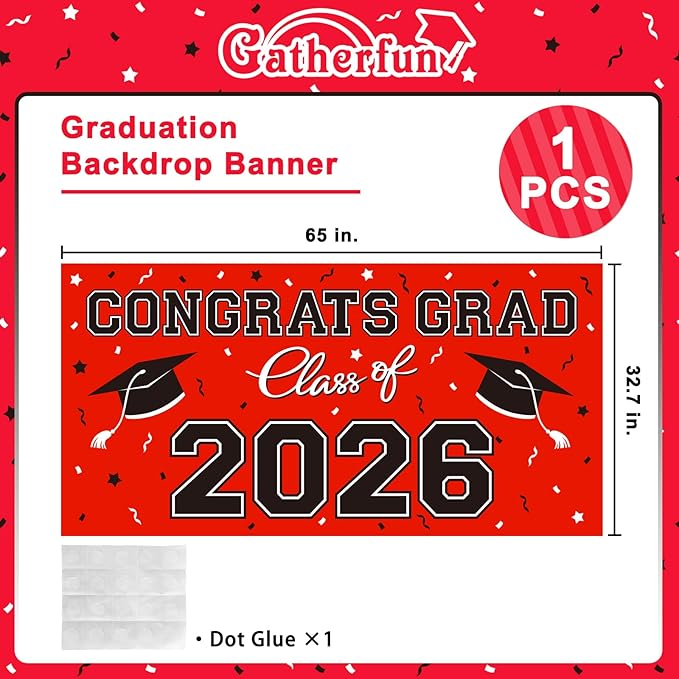 2026 Graduation Party Plastic Backdrop - 65" x 32.7" Congrats Grad Banner in Red, Large Class of 2026 Decorations, Photography & Grad Party Supplies