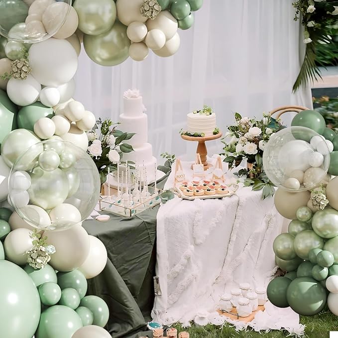 Sage Green Balloon Arch Kit 108Pcs Double Stuffed Pearl Green Sage Green Sand White Clear Balloons for Bridal Shower Baby Shower Birthday Wedding Engagement Party Decorations