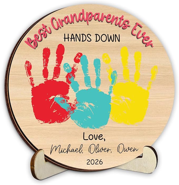 Personalized Hands Down Best Grandma Ever Handprint Kit with Paint, Family Craft Wooden Sign, Fathers Day Handprint Plaque Keepsake, Valentines Day Birthday Gift for Mom, Dad, Grandma, Nana
