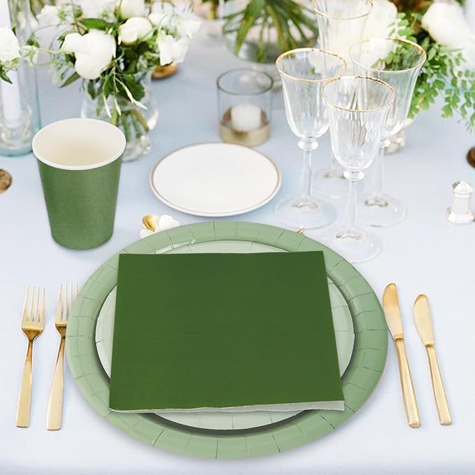 Whaline 244Pcs Sage Green Tableware Set Serves 48 Gradient Green Disposable Dinnerware 48 9" Plates 48 7" Plate 48 9oz Cups 100 Napkins for Wedding Birthday Party Supplies