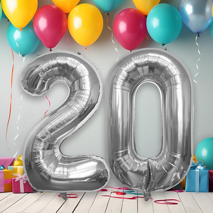 40 Inch Large Number Celebration and Decoration Balloon for Birthday Parties, Graduations, Anniversaries, Weddings, Photo Shoots, Special Events - Helium Foil Mylar (Silver Number 20)