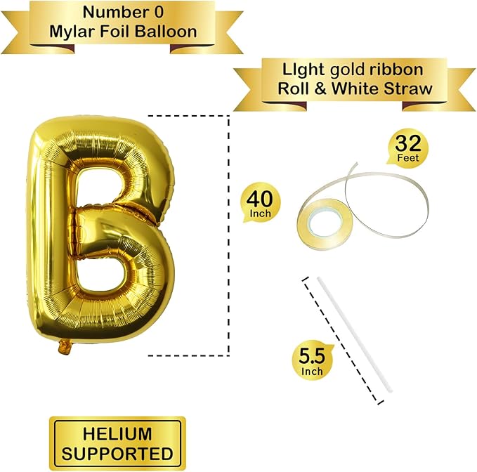 Letter Balloons Gold Party Balloon - 40 Inch Large Gold Letter B Balloon, Letter Balloon Birthday Decorations, Balloon for Women Men Anniversary Party Decorations Supplies