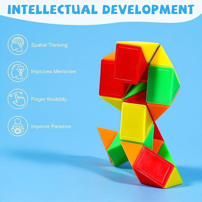 12 Pack Magic Snake Cube Fidget Toys for Kids - 24 Blocks Rainbow Twist Puzzle, Party Favors, Classroom Prizes, Birthday Goodie Bag Fillers, Stress Relief Sensory Toys