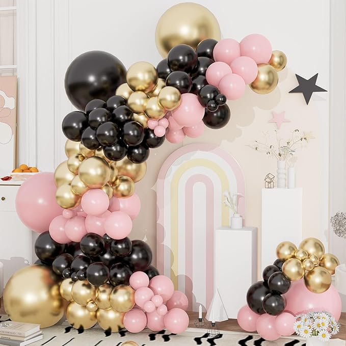 Black Pink and Gold Balloons Arch Kit 144pcs 18/12/10/5inch Black Pastel Pink Metallic Gold Balloon Garland for Women Girls Birthday Wedding Bridal Shower Bachelorette Graduation Baby Shower Decor