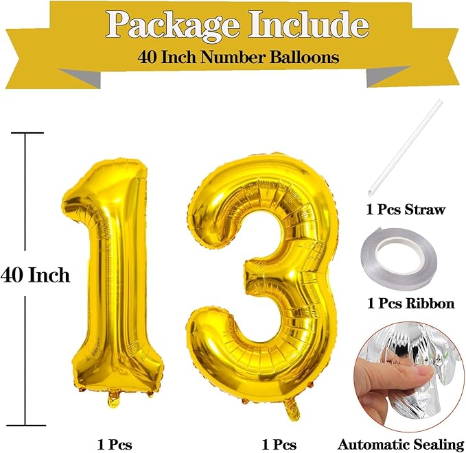 Large Gold 13 Number Balloons, 40 Inch Jumbo Number 13 Balloon, Gold Foil Mylar Balloons for Girl Sweet 13th/31th Birthday Party, Anniversary Decorations