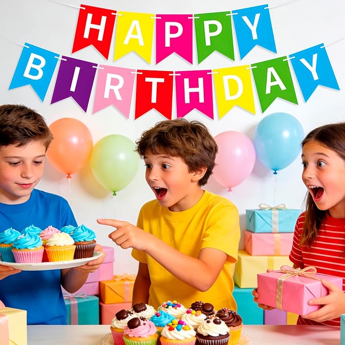 MEETINGU Rainbow Happy Birthday Banner, Colour Rainbow Birthday Party Decorations Color Birthday Sign Colour Happy Birthday Decorations Birthday Party Supplies for Boys Girls Kids Baby Adults (Multicolour)