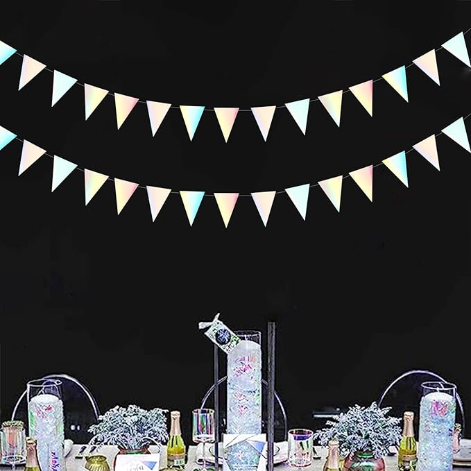 Iridescent Disco-Holographic Party Decorations Banner - 2pcs Wedding Baby Bridal Shower Hanging Paper Pennant Flags Streamers, Birthday Bachelorette Engagement Neon Decor Lasting Surprise