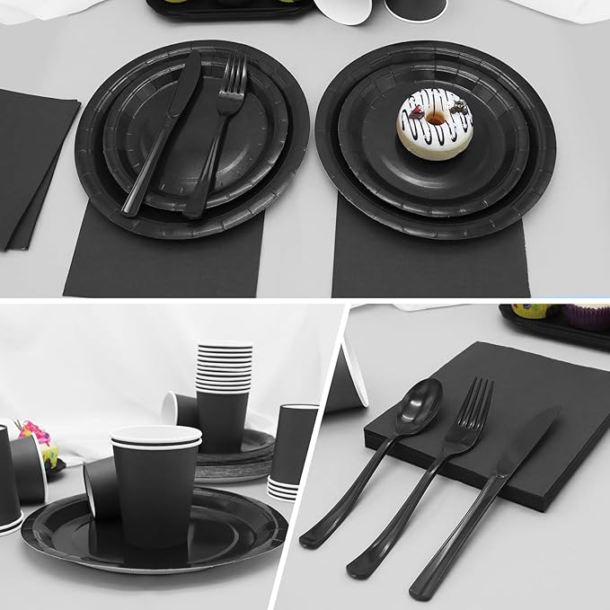 168pcs Black Paper Plates and Napkins for Halloween Birthday Anniversary Decorations, Black Plates Disposable Dinnerware Sets for Party Supplies and Party Decorations Serves 24