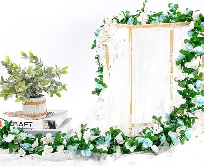 Miracliy 8Pcs 66FT Blue Flower Garland, Artificial Rose Floral Vines Fake Hanging Spring Flower Garland for Wall Backdrop Wedding Arch Tea Party Door Mantle Decoration (Each Pcs 8.2FT)