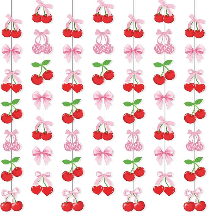Xinnun Cherry Party Decorations Pink Bow Hanging Banners Garland Cherry Baby Shower Decorations Cutouts Ribbon Streamers for Berry Birthday Bridal Engagement Bachelorette Wedding Party Decor