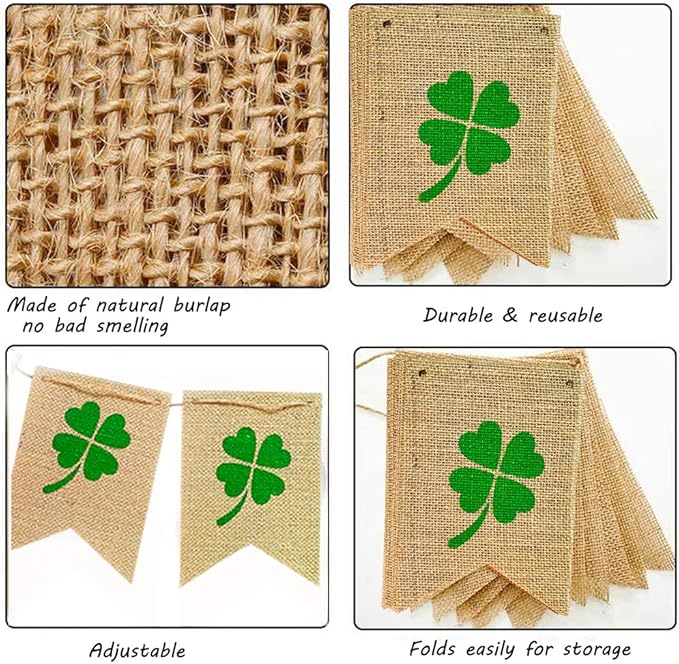 Shamrock Burlap Garland Banners for St.Patrick's Day Decorations Rustic Burlap Shamrock Clover Banner Garland for Irish Day, Office, Party Supplies Decor