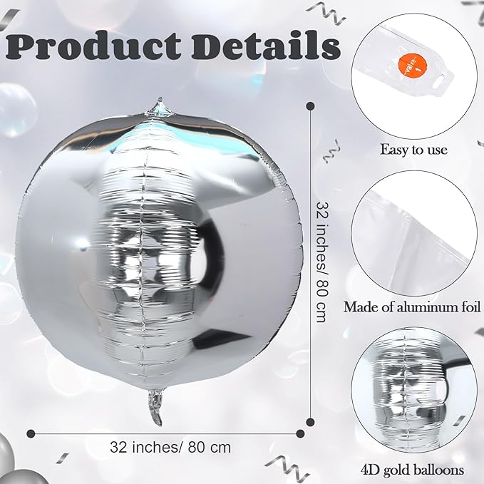 3 Pcs 32 Inch Metallic Silver Foil Giant Balloons 4d Jumbo Round Ball Large Holographic Balloons for Birthday Wedding Bridal Shower Anniversary Party Backdrop Decorations